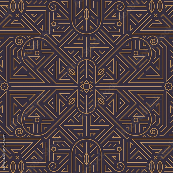Fototapeta Vector art deco gold black seamless pattern. Geometric line vintage motif with leaves and swirls. Elegant, fancy luxury design for wallpaper print, packaging, wrapping paper, package, wedding gift.