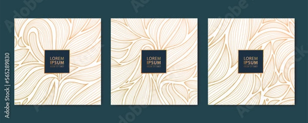 Fototapeta Vector set of abstract luxury golden square cards, post templates for social net, wavy leaves botanical modern, art deco wallpaper background. Pattern, texture for print, fabric, packaging design