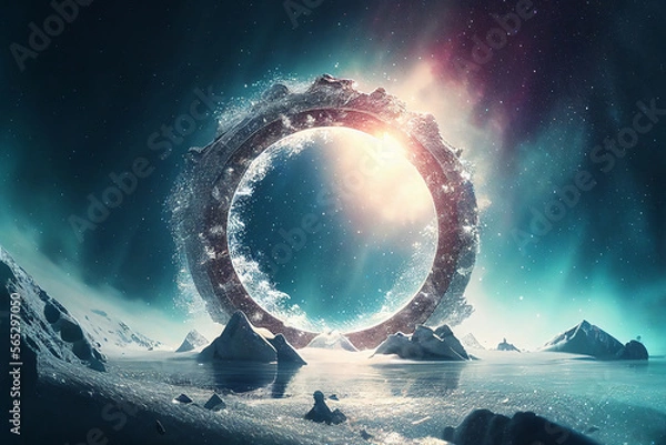 Obraz Strange Stargate Portal In A Winter Galaxy Landscape. Created with Generative AI.