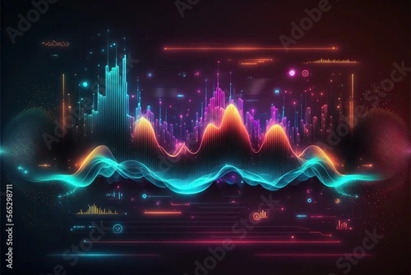Obraz Abstract Sound waves. Frequency audio waveform, music wave HUD interface elements, voice graph signal cyberpunk, Generative ai