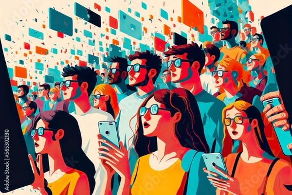 Fototapeta Crowd of diverse young people with gadgets at some public event or cinema as viewers. Colorful drawing in flat style. Generative AI