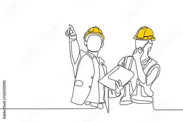 Fototapeta Single continuous line drawing of young construction manager giving instruction to builder coordinator at site meeting. Building architecture business concept. One line draw design PNG illustration