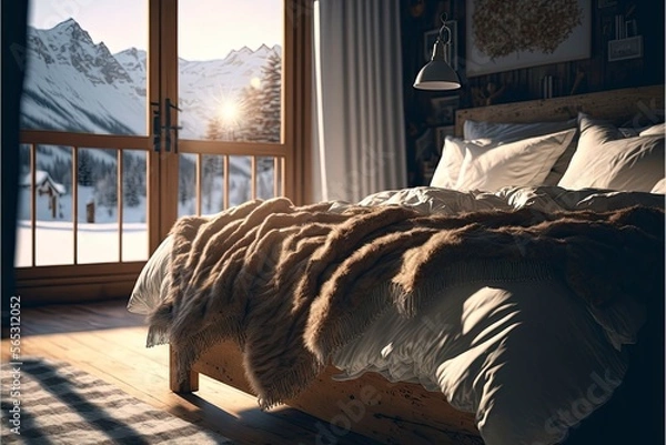 Fototapeta comfortable cocooning bed in winter in a wooden chalet in the mountains