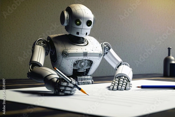 Fototapeta Chatgpt robot writing on paper. Generative ai.