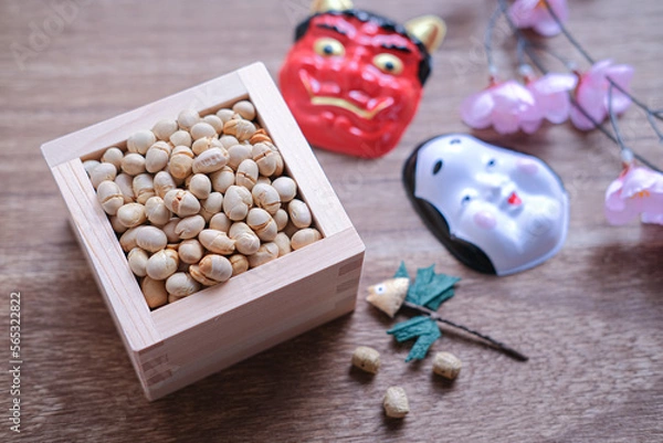 Obraz 節分に使用する鬼と福のお面と豆まきセット