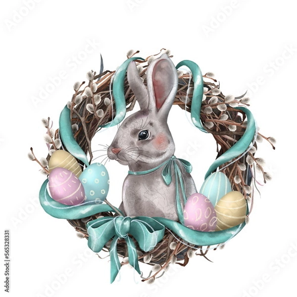 Obraz Easter bunny in a willow wreath with ribbons and painted eggs. Digital illustration