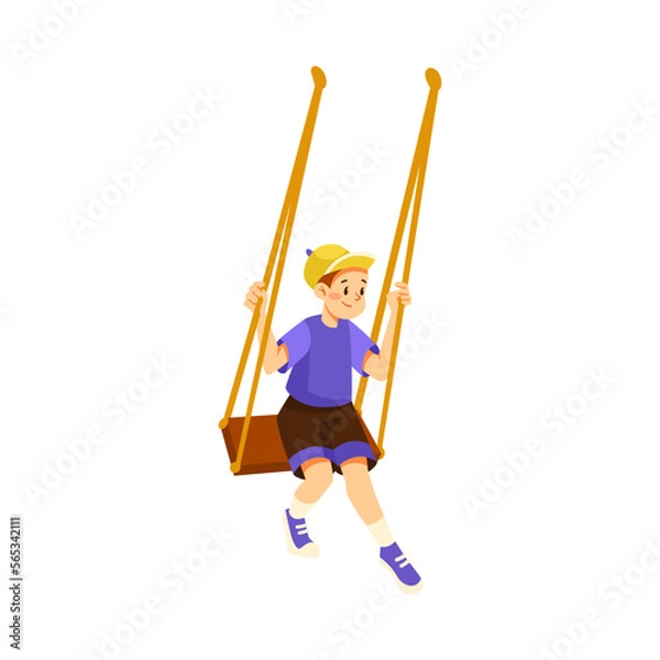 Fototapeta Playful Little Boy Swinging on Playground Enjoying Summer Vector Illustration
