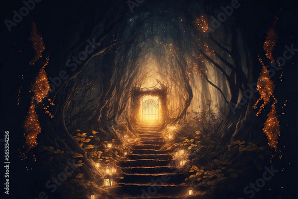 Fototapeta Glowing fantasy portal in an enchanted fairytale forest, Generative AI
