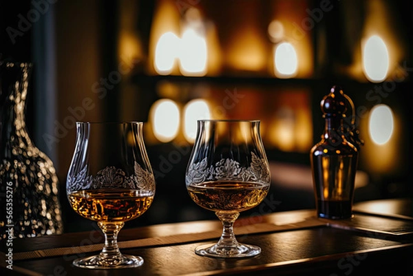 Fototapeta Whisky in an elegant bar, with a beautiful reflection of light on the glass. A pleasant and relaxing moment.