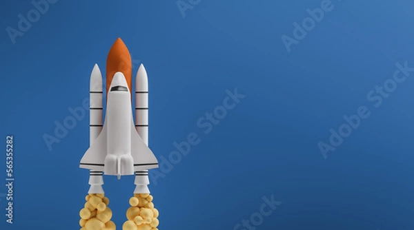 Fototapeta Space shuttle flight 3d render. Spacecraft rocket banner on blue background. 3d illustration