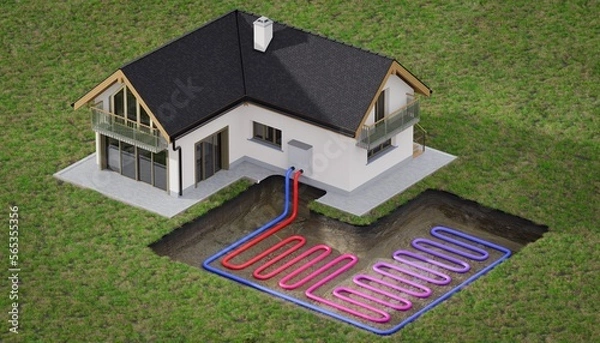 Fototapeta Horizontal ground source heat pump system for heating home with geothermal energy.