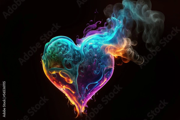 Fototapeta Bright multi-colored heart symbol made of smoke, Abstract openwork heart made of smoke and neon. AI