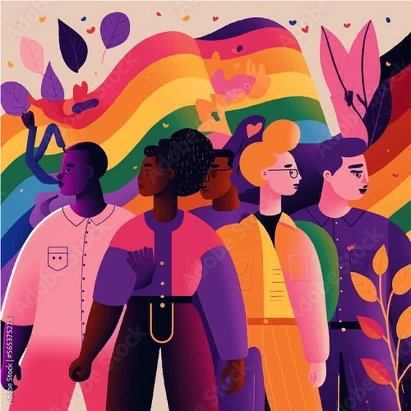 Obraz Celebrate diversity with our bold and bright LGBTQ+ illustration featuring the iconic rainbow flag and a cast of colorful characters. Generative ai