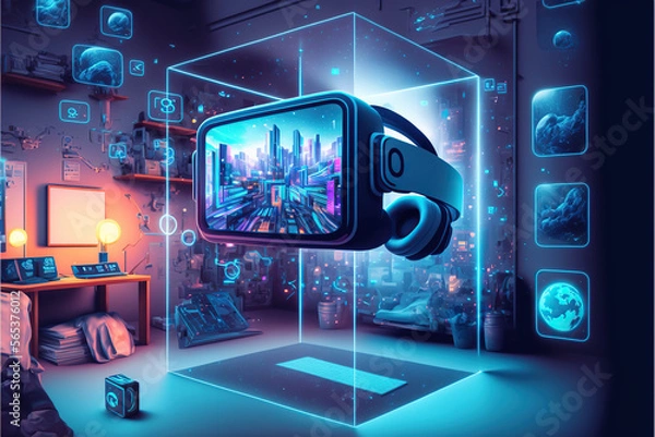 Fototapeta Explore metaverse technology with computer generated environment between user interface and augmented reality and virtual reality