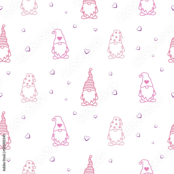 Fototapeta Valentine Day gnomes and hearts on white cute background. Seamless pattern with pink love elfs for fabric, wrap paper or kids apparel