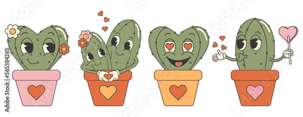 Obraz Groovy valentines day cactus stickers set. Cute and funny characters. Retro valentines day. 70s 60s cartoon aesthetics.