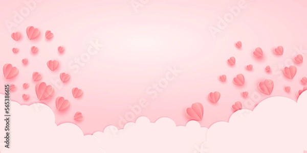 Fototapeta Paper elements in shape of heart flying on pink background with cloud. Vector symbols of love for Happy Women's, Mother's, Valentine's Day, birthday greeting card design.