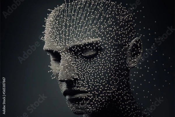 Obraz Human head shape made from a large grid of pins connected with string. Communication technology and mental health concept. Generative AI