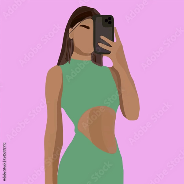 Obraz The girl poses and takes pictures of herself on the phone in the mirror