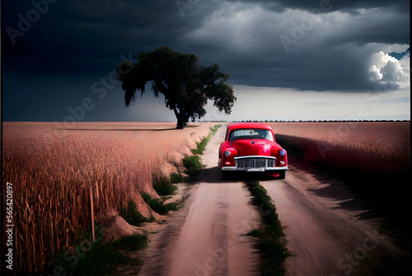 Fototapeta A Single Loney Red Car on a Country Road: A Visually Stunning Cinematography Stock Photo of a Broken Down Car in a Corn Field