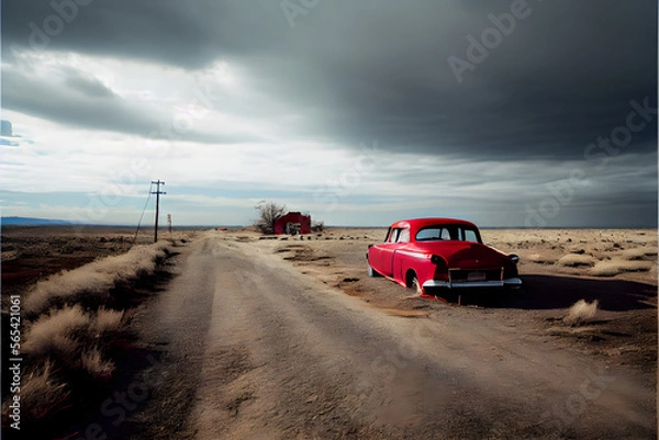 Fototapeta A Single Loney Red Car on a Country Road: A Visually Stunning Cinematography Stock Photo of a Broken Down Car in a Corn Field