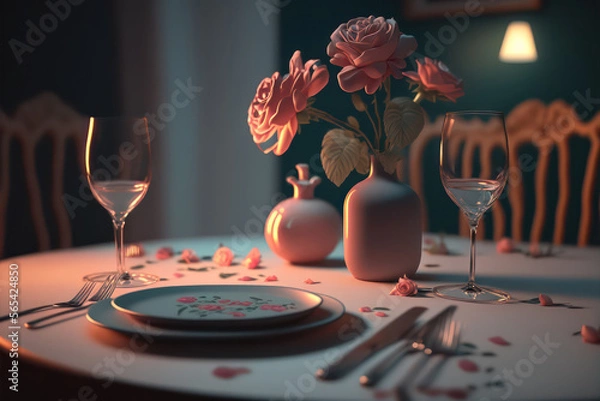 Obraz Romantic and decent dining table with flowers, candles, drinks, and plates, generative AI