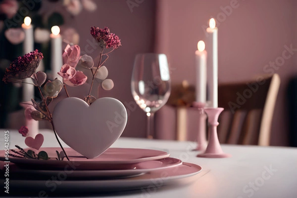 Obraz Romantic and decent dining table with flowers, candles, drinks, and plates, generative AI