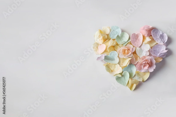 Obraz Pastel color roses in heart shape with white background, generative AI