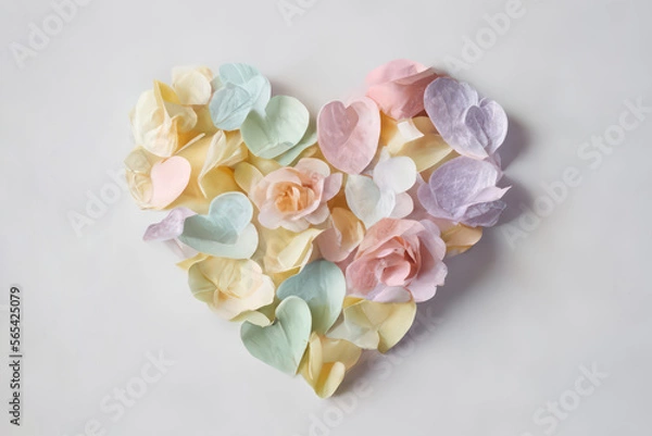 Obraz Pastel color roses in heart shape with white background, generative AI