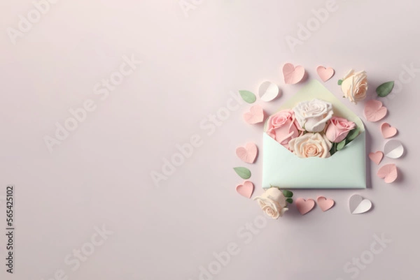 Obraz Pastel color roses with envelope and petals, generative AI