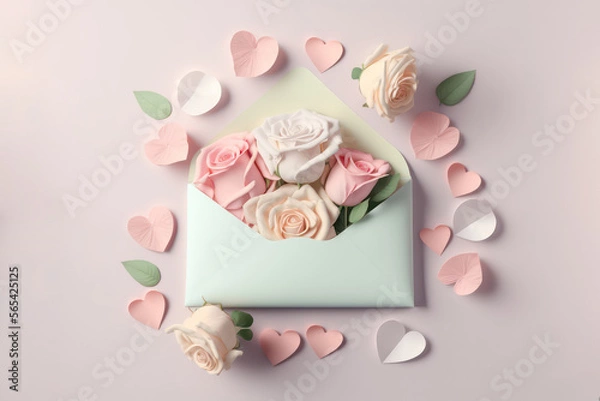 Obraz Pastel color roses with envelope and petals, generative AI