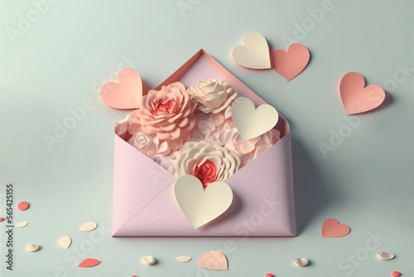 Obraz Pastel color roses with envelope and petals, generative AI