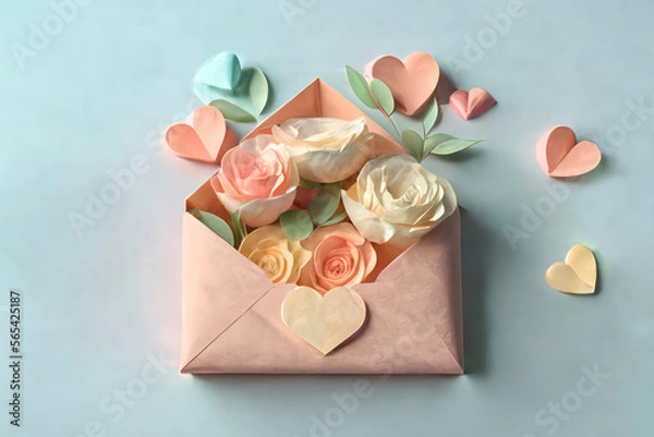 Obraz Pastel color roses with envelope and petals, generative AI