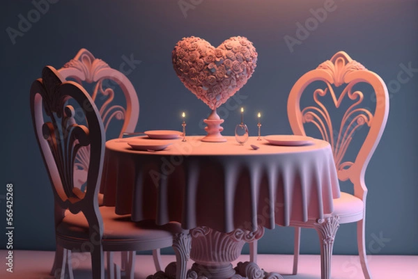 Obraz Romantic and decent dining table with flowers, candles, drinks, and plates, generative AI