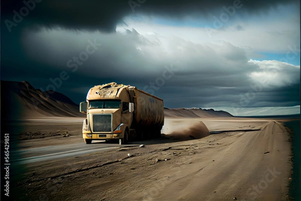 Fototapeta A Single Loney Lorry Stranded on a Motorway: A Visually Stunning Cinematography Stock Photo of a Broken Down Truck in the Middle of Nowhere