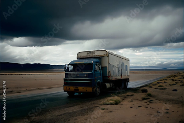 Fototapeta A Single Loney Lorry Stranded on a Motorway: A Visually Stunning Cinematography Stock Photo of a Broken Down Truck in the Middle of Nowhere