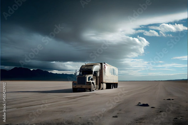 Fototapeta A Single Loney Lorry Stranded on a Motorway: A Visually Stunning Cinematography Stock Photo of a Broken Down Truck in the Middle of Nowhere