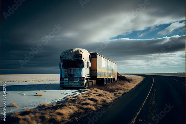Fototapeta A Single Loney Lorry Stranded on a Motorway: A Visually Stunning Cinematography Stock Photo of a Broken Down Truck in the Middle of Nowhere