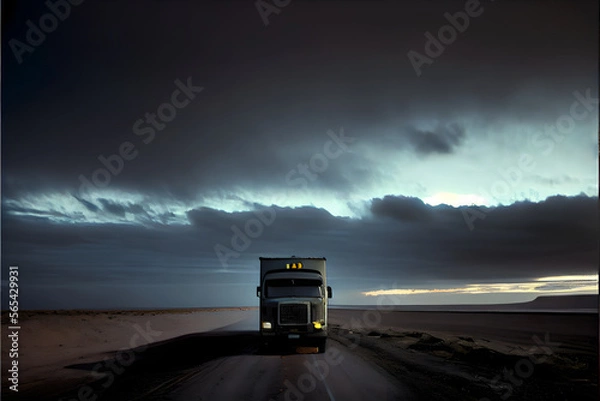 Fototapeta A Single Loney Lorry Stranded on a Motorway: A Visually Stunning Cinematography Stock Photo of a Broken Down Truck in the Middle of Nowhere