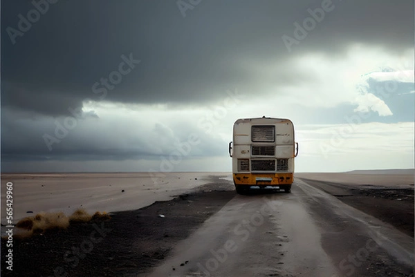 Fototapeta A Single Loney Lorry Stranded on a Motorway: A Visually Stunning Cinematography Stock Photo of a Broken Down Truck in the Middle of Nowhere