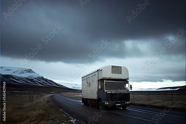 Fototapeta A Single Loney Lorry Stranded on a Motorway: A Visually Stunning Cinematography Stock Photo of a Broken Down Truck in the Middle of Nowhere