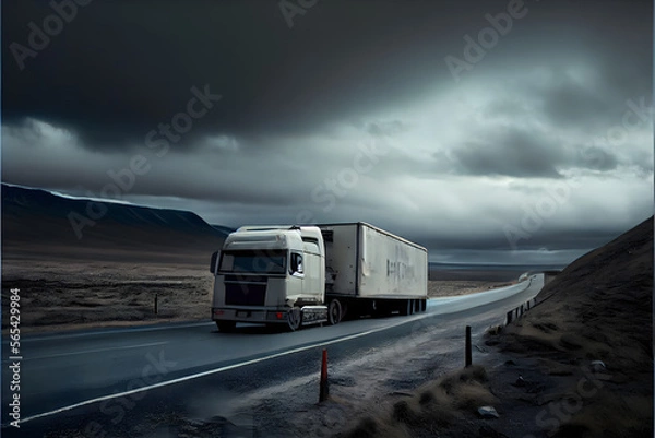 Fototapeta A Single Loney Lorry Stranded on a Motorway: A Visually Stunning Cinematography Stock Photo of a Broken Down Truck in the Middle of Nowhere