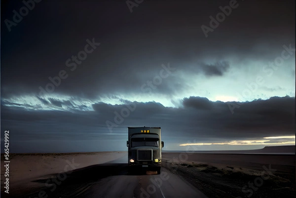 Fototapeta A Single Loney Lorry Stranded on a Motorway: A Visually Stunning Cinematography Stock Photo of a Broken Down Truck in the Middle of Nowhere