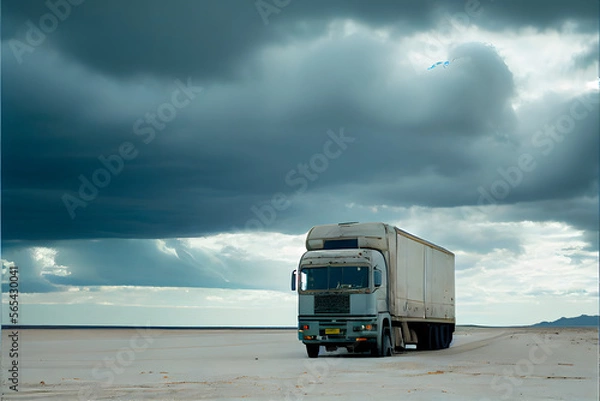 Fototapeta A Single Loney Lorry Stranded on a Motorway: A Visually Stunning Cinematography Stock Photo of a Broken Down Truck in the Middle of Nowhere