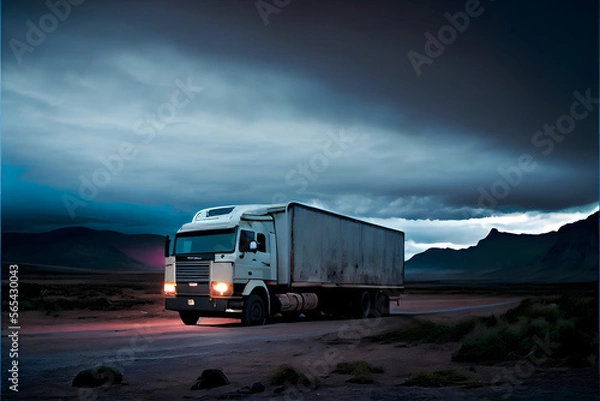 Fototapeta A Single Loney Lorry Stranded on a Motorway: A Visually Stunning Cinematography Stock Photo of a Broken Down Truck in the Middle of Nowhere