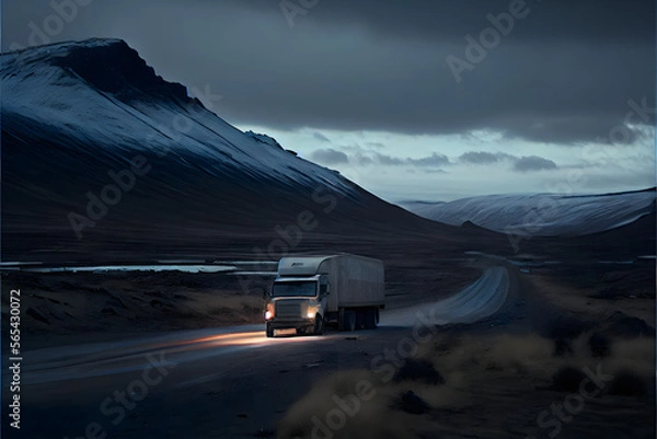 Fototapeta A Single Loney Lorry Stranded on a Motorway: A Visually Stunning Cinematography Stock Photo of a Broken Down Truck in the Middle of Nowhere