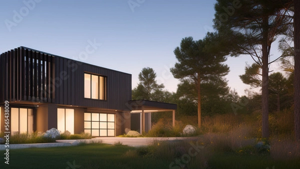 Fototapeta modern house in the suburbs, mansion, luxurious, in the middle of the environment, Generative AI