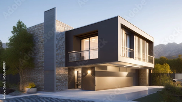 Obraz modern house in the suburbs, mansion, luxurious, in the middle of the environment, Generative AI