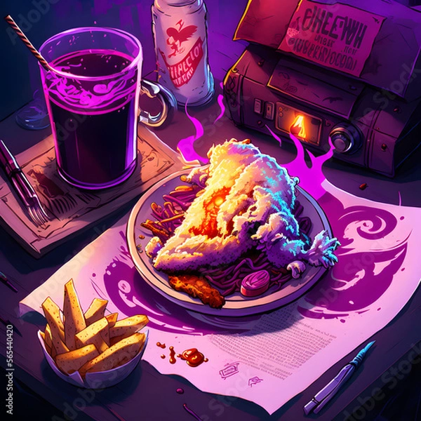 Fototapeta Fantasy Concept Art Meal: Professional Product Photography with Purple and Red Accents and High Key Light