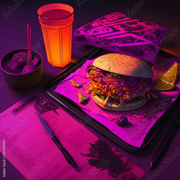 Fototapeta Fantasy Concept Art Meal: Professional Product Photography with Purple and Red Accents and High Key Light